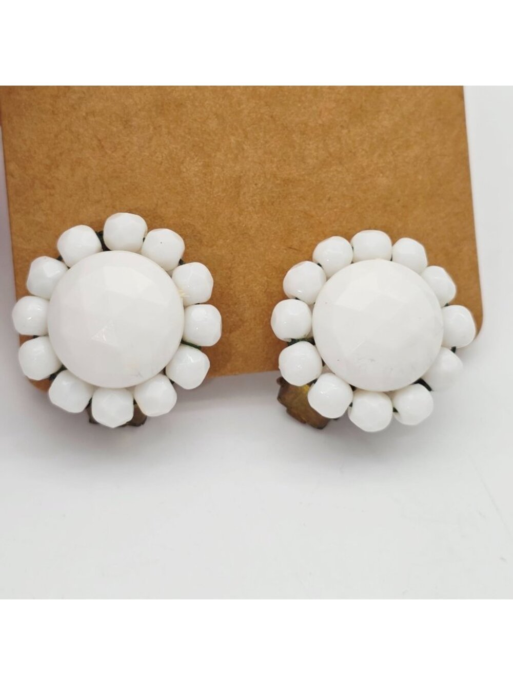 White Acrylic & Glass Bead Cluster Clip-On Earrings Round Faceted Retro Jewelry